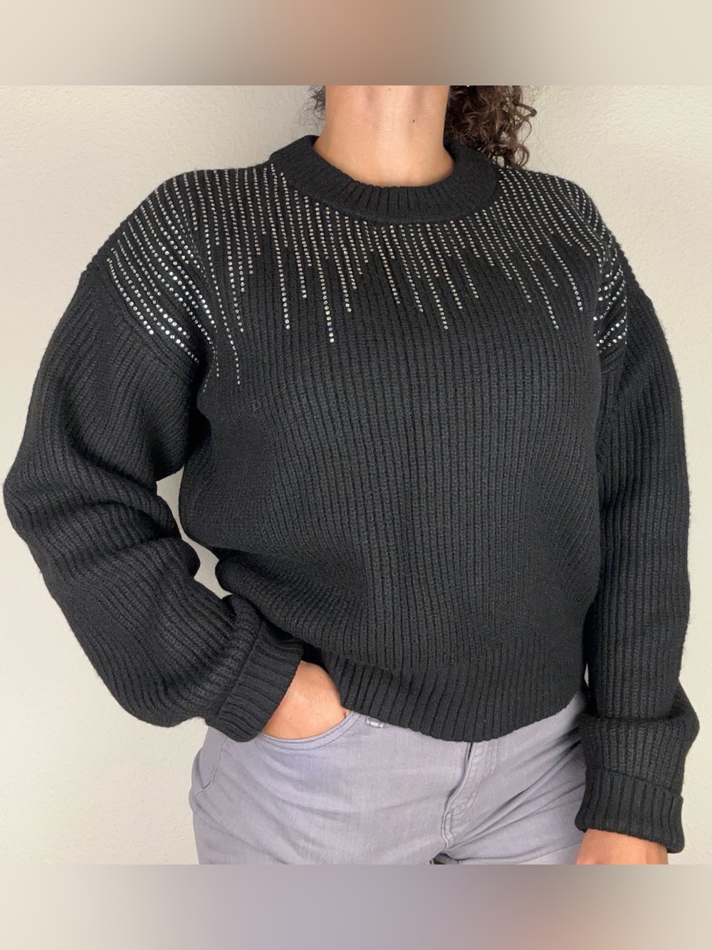Marled Black Rhinestone Knit Sweater Crewneck Drop Shoulder S OR M New